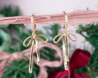 Gold Bow Earrings | Bow CZ Huggies Earrings | Statement Earrings | Bridal Earrings