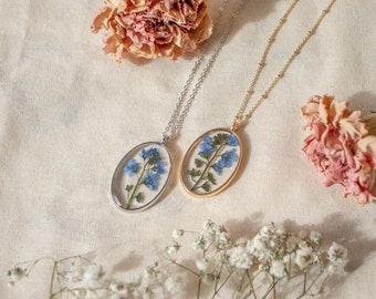 Collier ne m'oubliez pas | Collier fleurs pressées | Cadeau bijoux fleurs séchées pour Plant Lady | Cadeau collier de vraies fleurs pour maman