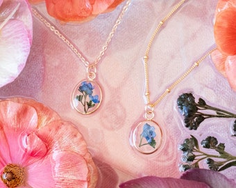 Delicate Forget Me Not Flower Necklace | Real Flower Necklace | Sentimental Gift for Mom | Thoughtful Memorial Gift | Flower Jewelry