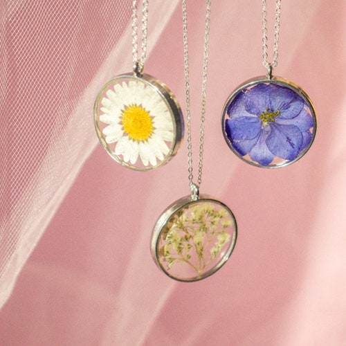 Silver Pressed Flower Necklace Dried 