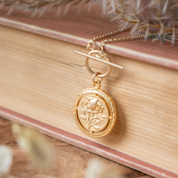 Vintage Rose Medallion Necklace | Toggle Clasp Necklace | Gold Coin Necklace | Layering Necklace Gift for Women