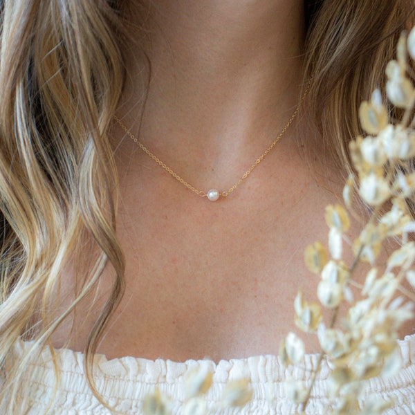 Gold Pearl Choker Necklace | Dainty Single Pearl Choker Necklace | Pearl Bridal Jewelry | Maid of Honour Gift