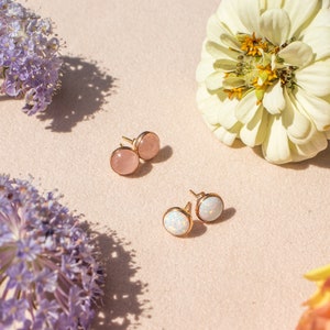 Opal Studs Earrings | Rose Quartz Earrings | October Birthstone Earrings | Gemstone Earrings | Thoughtful Birthday Gift for Her | Large