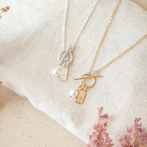 Pearl & Initial Necklace | Bridal Wedding Necklace | Personalized Letter Necklace | Bridesmaid Gift Necklace | Toggle Clasp Necklace
