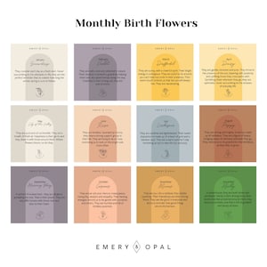 May include: A colorful chart with a monthly birth flower theme. Each month features a different flower with a description of its meaning and symbolism. The chart is designed with a modern, minimalist aesthetic and features a light gray background with a white border.