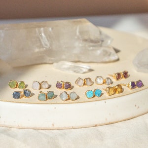 Dainty Gemstone Earrings | Raw Stone Earrings | Gold Stud Earrings | Aquamarine Earrings | Birthstone Jewelry | Rose Quartz Earrings | Terra
