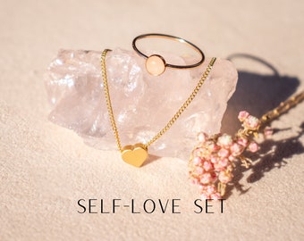 Self Love Gift Set | Self Care Gift Set | Rose Quartz Ring | Dainty Heart Necklace