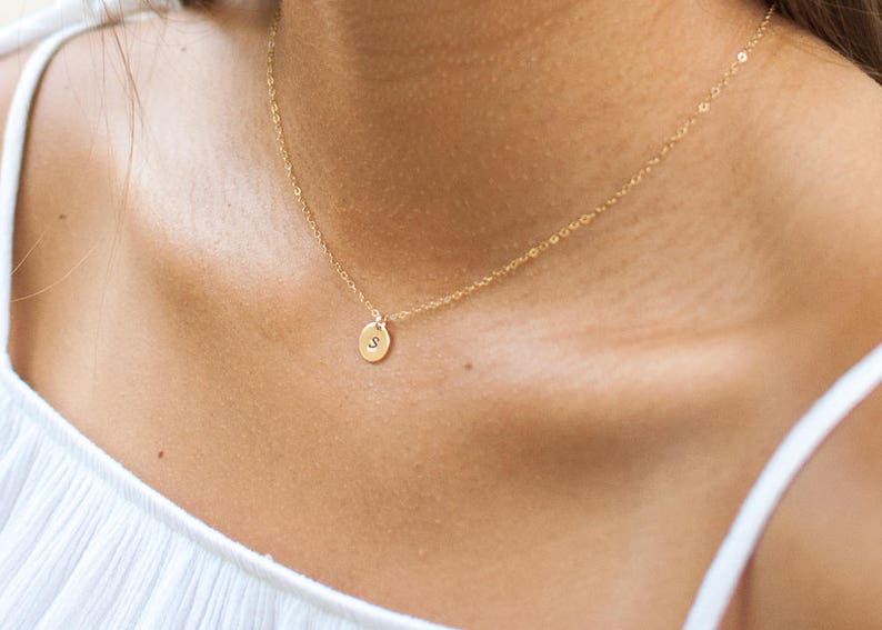Initial Disc Necklace Small Coin Initial Necklace Gold Letter Necklace Delicate Monogram Necklace Bridesmaid Gift image 2