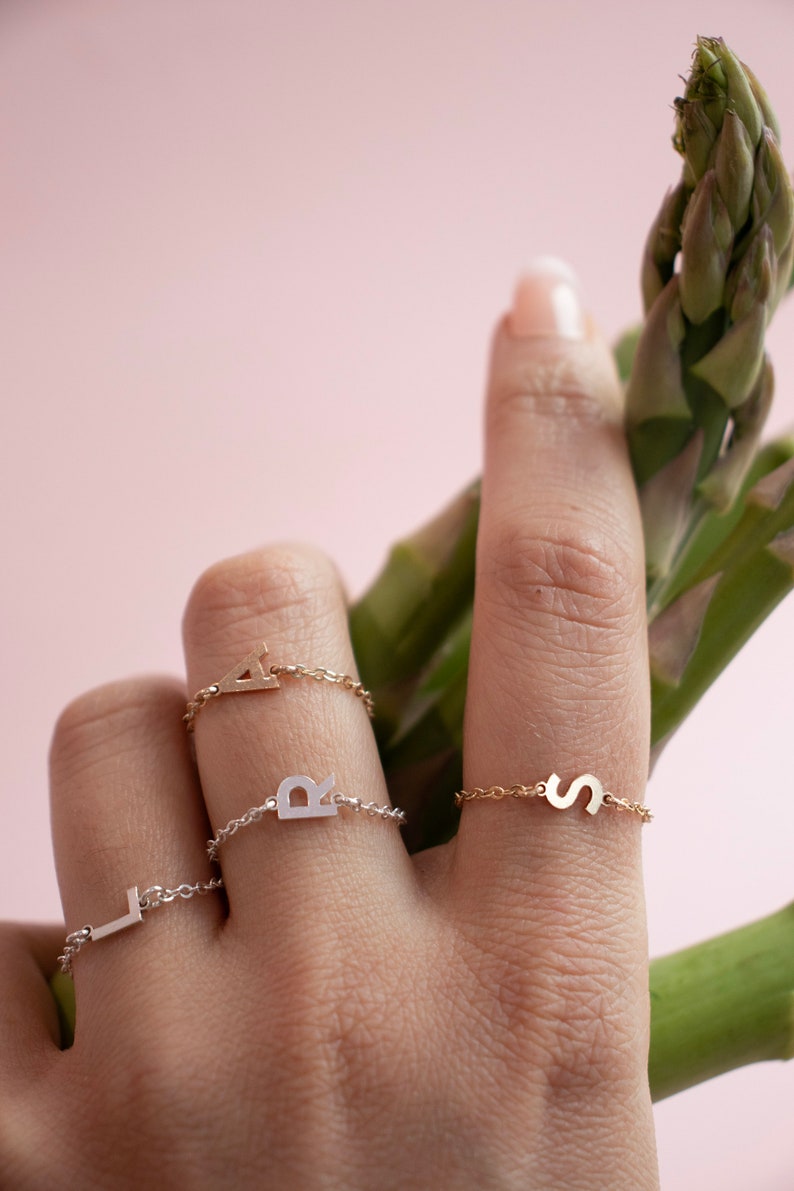 Initial Chain Ring Sterling Silver Personalized Ring Silver Monogram Ring Dainty Stacking Ring Minimalist Ring Mothers Day Gift image 5