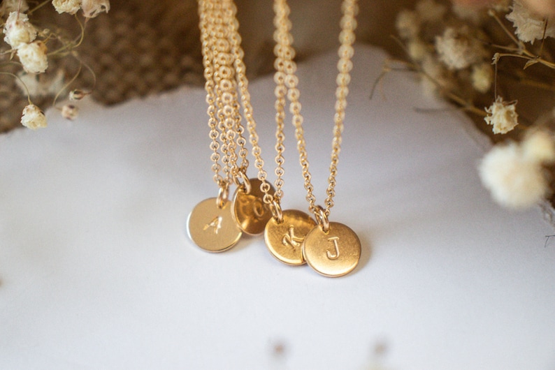 Initial Disc Necklace Small Coin Initial Necklace Gold Letter Necklace Delicate Monogram Necklace Bridesmaid Gift image 1