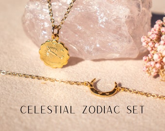 Celestial Jewelry Set | Gift Box Set | Zodiac Necklace | Crescent Moon Bracelet | Mom Box Set