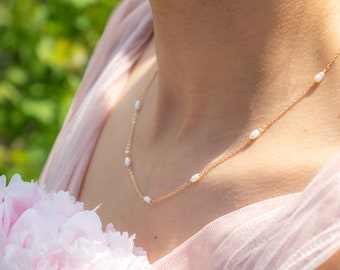 Pearl Station Necklace | Dainty Pearl Bead Necklace | Pearl Choker Necklace | Bridesmaid Gift for Her | Birthday Gift for Her