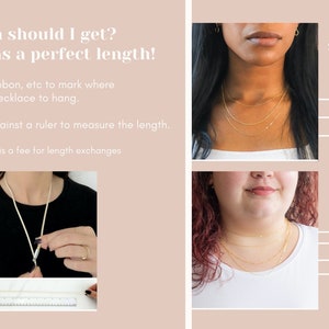 May include: Two women wearing necklaces of different lengths. The image shows how different necklace lengths look on people of different heights. The text on the image reads "What length should I get? Everyone has a perfect length!" and includes instructions on how to measure for the perfect necklace length.