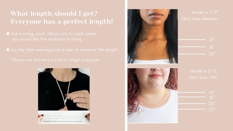 May include: Two women wearing necklaces of different lengths. The image shows how different necklace lengths look on people of different heights. The text on the image reads "What length should I get? Everyone has a perfect length!" and includes instructions on how to measure for the perfect necklace length.