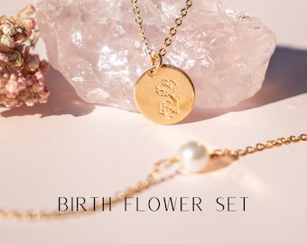 Birth Flower Jewelry Set | Bridesmaids Gift Box | Personalized Flower Necklace | Single Pearl Bracelet | Personalized Jewelry Gift Set