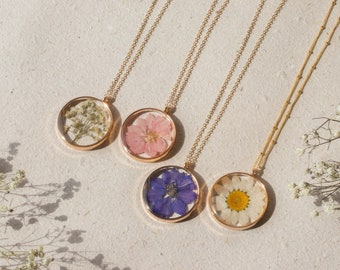 Collier fleurs pressées en or | Bijoux fleurs séchées | Collier fleur véritable | Collier marguerite | Bijoux de demoiselle d'honneur