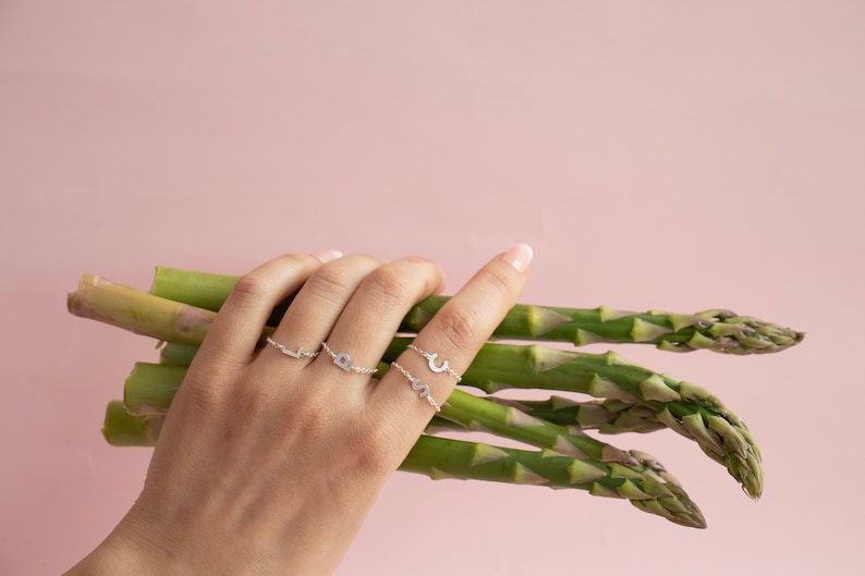Initial Chain Ring Sterling Silver Personalized Ring Silver Monogram Ring Dainty Stacking Ring Minimalist Ring Mothers Day Gift image 4