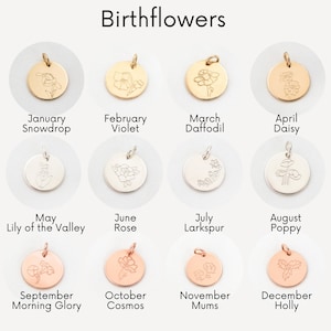 May include: Birth flower charms for each month of the year.  The charms are gold, silver, and rose gold and feature a different flower for each month.  January is the snowdrop, February is the violet, March is the daffodil, April is the daisy, May is the lily of the valley, June is the rose, July is the larkspur, August is the poppy, September is the morning glory, October is the cosmos, November is the mum, and December is the holly.