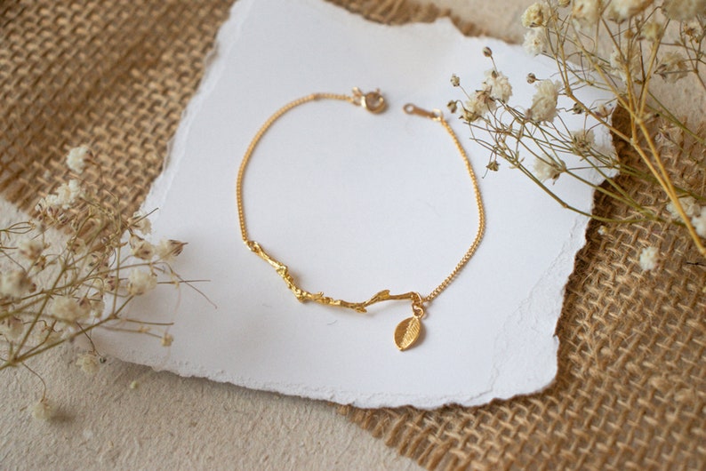 Gold Branch Bracelet Personalized Leaf Bracelet Boho Bracelet Gold Layering Bracelet Bridesmaid Gift Gift For Mom Gold