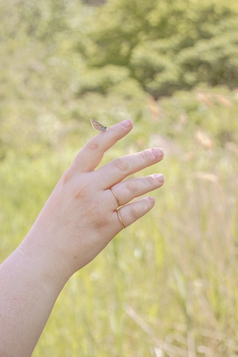 Puede incluir: Una mano con dos anillos de oro en los dedos, una peque&ntilde;a mariposa est&aacute; posada en el dedo &iacute;ndice.