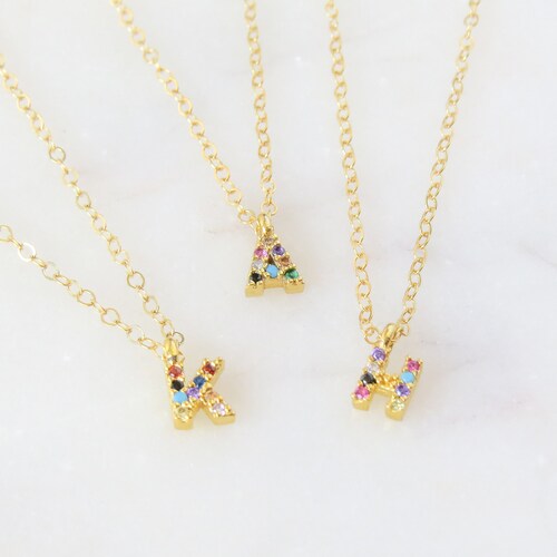 Rainbow Initial Necklace Dainty Initial 