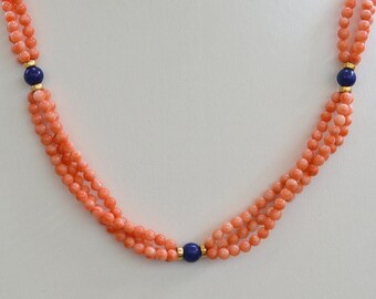 Estate New Hawaii Deep Sea Angel CORAL 8mm LAPIS Gold Beads 3 Strand 14k Clasp  24"