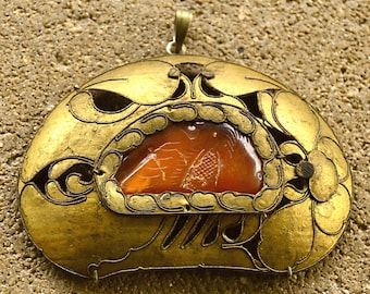 Old CHINESE Export Art Deco Antique CARNELIAN and Gilt Bronze PENDANT