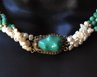 Chinese Export RICE PEARLS and TURQUOISE Choker Necklace Vermail Clasp 16.5" long