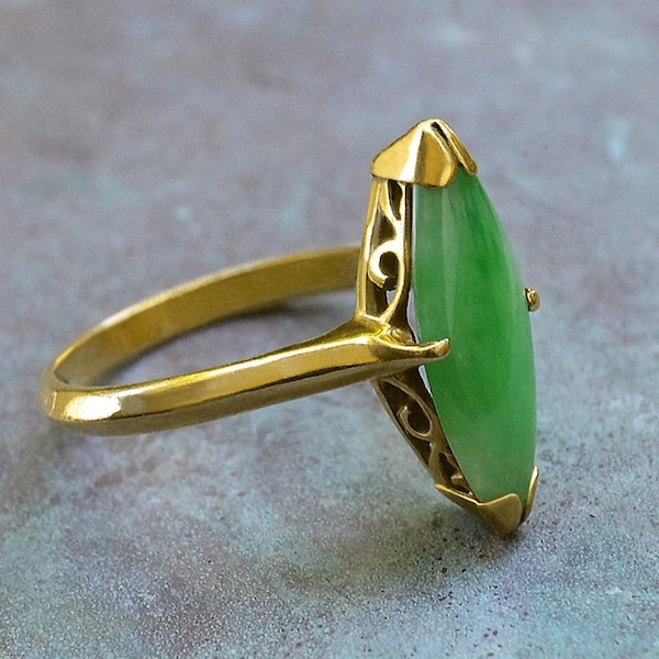 Antique Estate Art Deco Navette JADEITE RING 20k Yellow Gold size 6