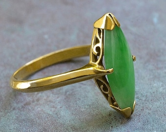 Antique Estate Art Deco Navette JADEITE RING 20k Yellow Gold size 6