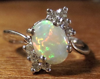 Lady's Australian High Flash OPAL White Gold and (8) Diamonds RING size 6.5