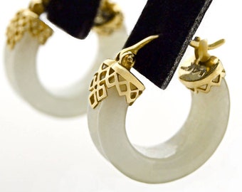 Celadon JADEITE doble aros 14k oro perforado poste HUGGIE PENDIENTES