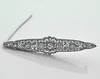 Antiguo Victoriano Art Nouveau 14k Wh Oro Old Miner 7 Diamond Brooch Bar Pin