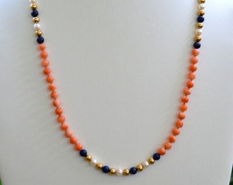 Estate New Hawaii Deep Sea Angel CORAL Lapis Gold Bead Strand 14k Clasp 25.5"