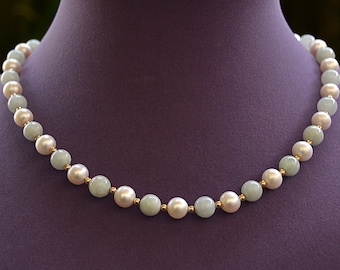 Estate Chinese JADEITE Celadon/Green 8mm Beads Akoya PEARLS NECKLACE 18" 14K