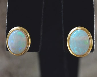 AUSTRALIAN OPAL Oval Cabochon Superior Flash 14K STUDS Post Earrings