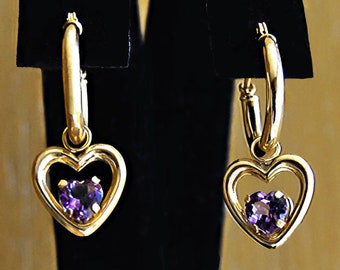 Heart Shaped Faceted AMETHYSTS and Hoops 10k Gold  EARRINGS 1"