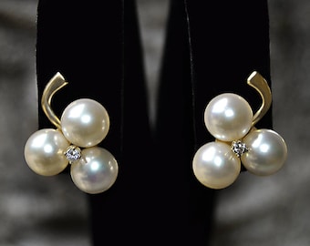 Flor de Trébol (3) 7mm Akoya PEARLS DIAMOND Center Post Back PENDIENTES 14k Novia