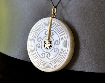 Antiguo Chino Blanco JADE Tallado Fortuna & Salud COLGANTE Placa Amuleto 14k