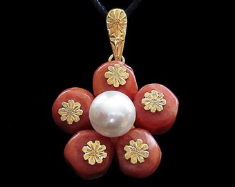 Natural (5) Red Deep Sea CORAL Beads 8mm Akoya PEARL 18K Gold Flower Pendant