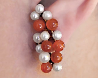 Estate Akoya PERLAS y CARNELIAN French Post Back PENDIENTES Oro amarillo de 14k