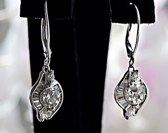 Vintage Abstract Hearts DIAMOND 14k White Gold Dangle French Hook EARRINGS 1.41 CTS