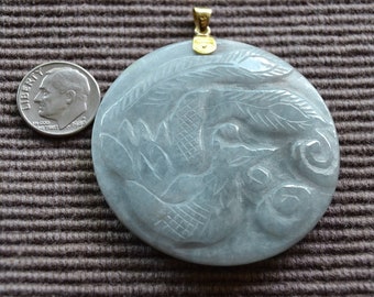 Antique Peacock and Fox Chinese Carved Celadon JADE PENDANT Plaque Amulet 14k