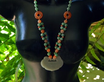 Chinese Export JADE Carnelian Coral Beads Silver Vermeil NECKLACE 31"