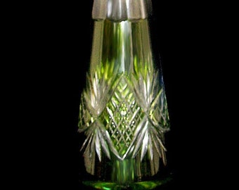 Antique Cut CRYSTAL Green & Clear Sterling Decanter Vase 12 3/4" Tall