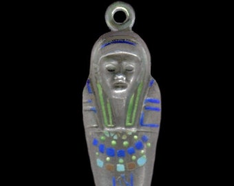 Rare Antique Whistle EGYPTIAN Mummy SARCOPHAGUS CHARM Silver & Enamel Fob