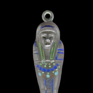 Rare Antique Whistle EGYPTIAN Mummy SARCOPHAGUS CHARM Silver & Enamel Fob
