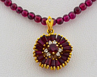 Estate RUBY and Diamonds PENDANT Rhodolite Garnets 18k NECKLACE 16.4" Cert
