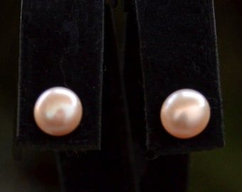 7mm A+ Pink Button PEARL earrings 585 Yellow Gold STUDS Pierced
