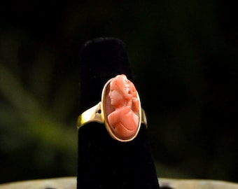 Antique Estate CORAL CAMEO hand carved RING 14k Gold size 4 1/4